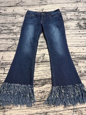 Fringe Hem Wide-Leg Jeans in Dark Blue